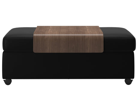 Paloma Leather Black and Walnut Finish | Stressless Double Ottoman with Table | Valley Ridge Furniture