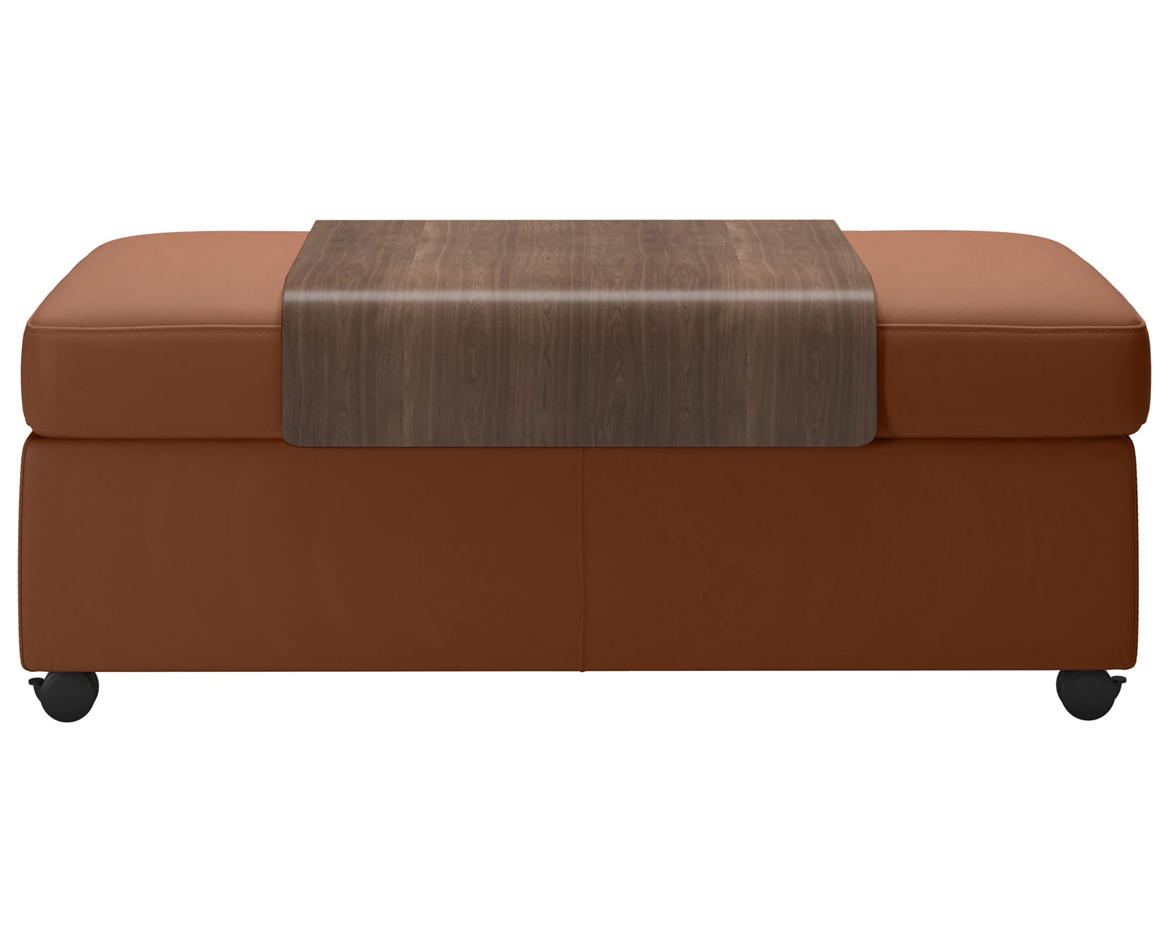 Paloma Leather New Cognac and Walnut Finish | Stressless Double Ottoman with Table | Valley Ridge Furniture