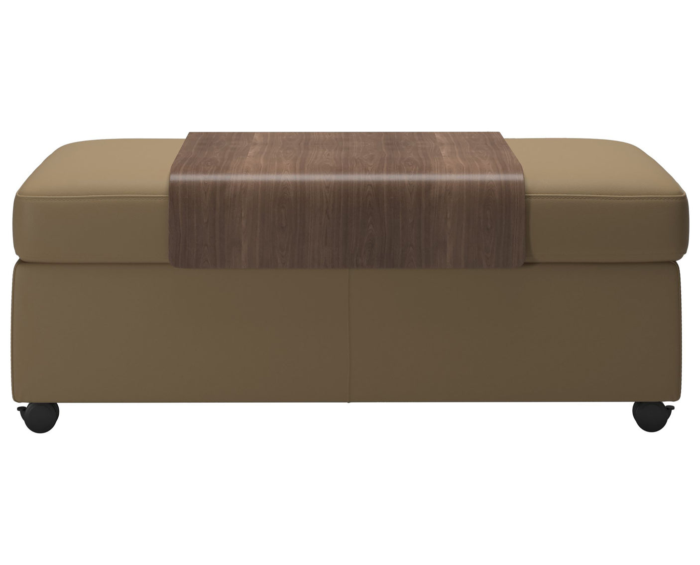 Paloma Leather Sand and Walnut Finish | Stressless Double Ottoman with Table | Valley Ridge Furniture