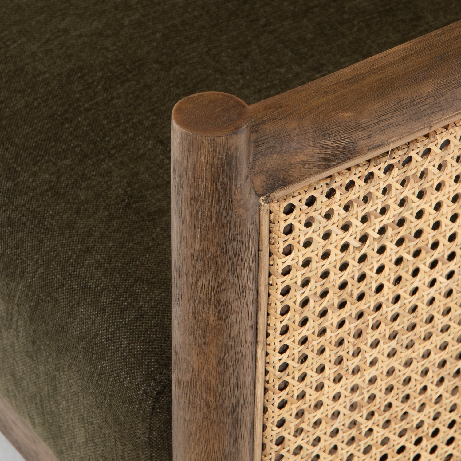 Sutton Olive Fabric & Natural Cane Rattan with Distressed Natural Parawood & Gunmetal Iron | Kempsey Chair | Valley Ridge Furniture