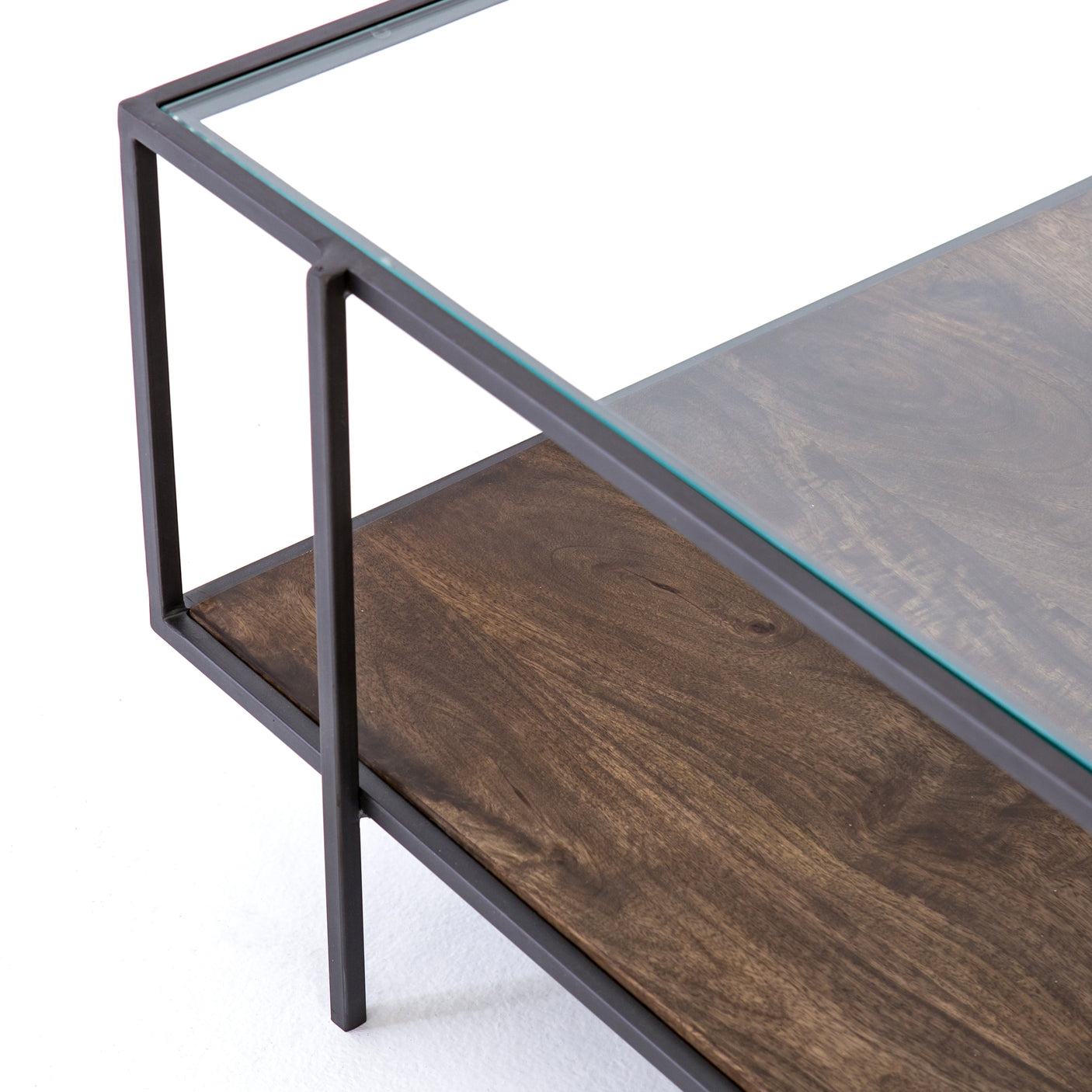 Aged Brown Mango & Tempered Glass with Dark Iron | Byron Coffee Table | Valley Ridge Furniture
