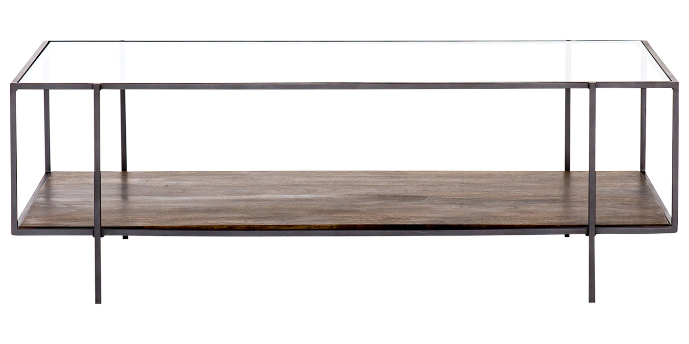 Aged Brown Mango & Tempered Glass with Dark Iron | Byron Coffee Table | Valley Ridge Furniture