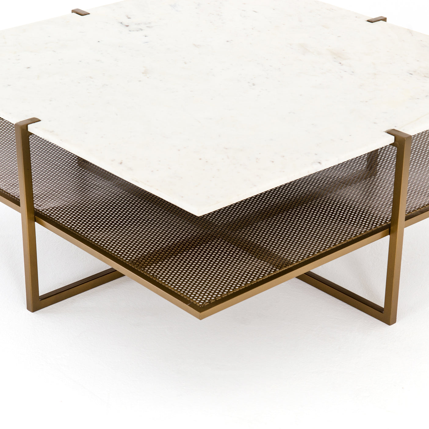 Polished White Marble with Antique Brass Iron | Olivia Square Coffee Table | Valley Ridge Furniture