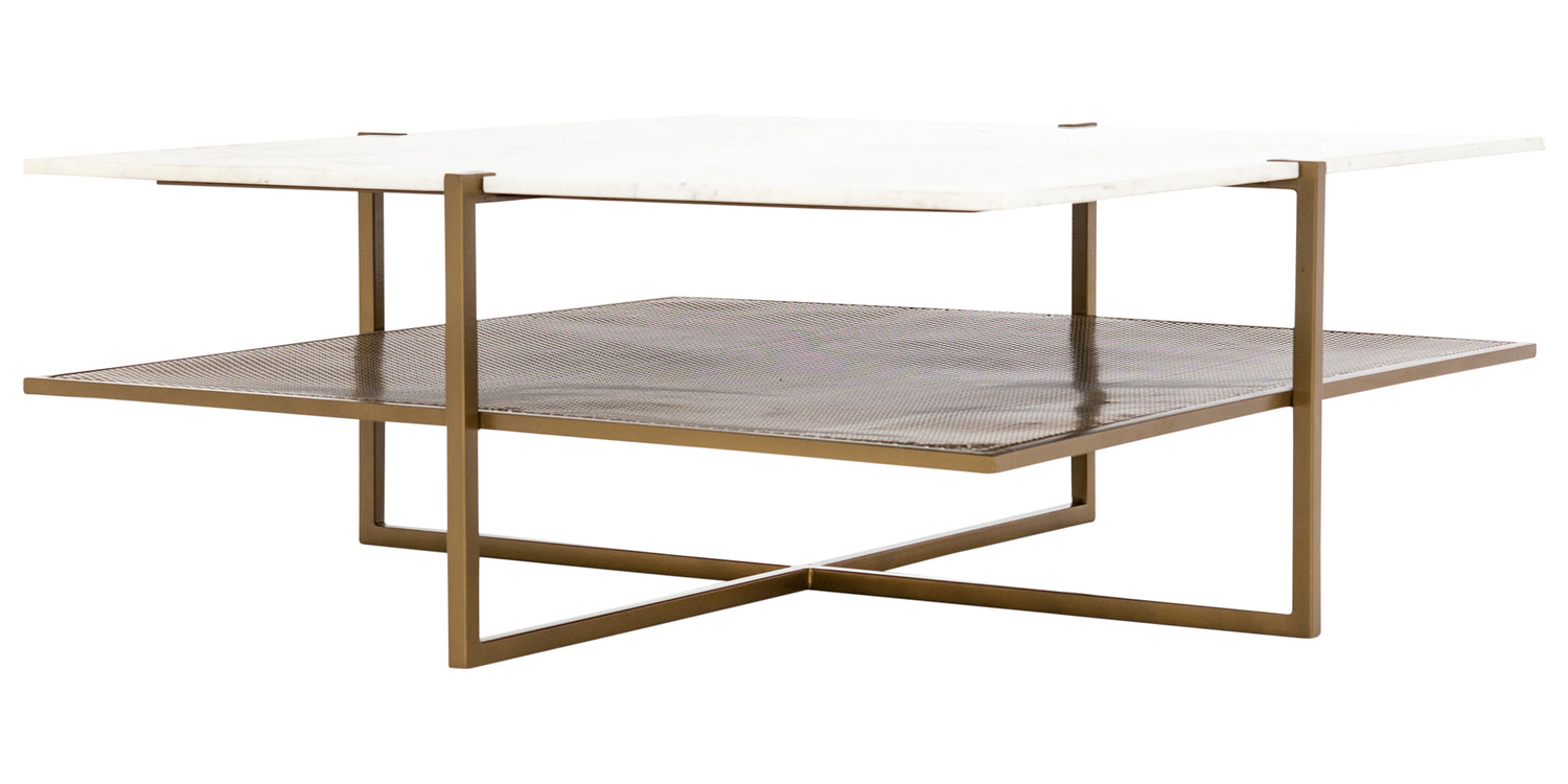 Polished White Marble with Antique Brass Iron | Olivia Square Coffee Table | Valley Ridge Furniture