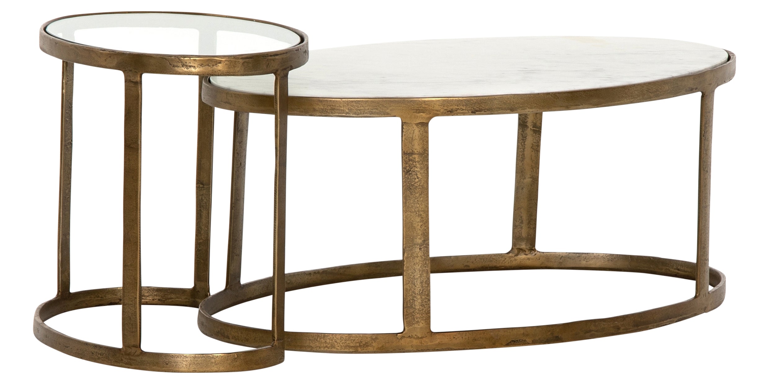 Polished White Marble & Tempered Glass with Raw Brass | Calder Nesting Coffee Table | Valley Ridge Furniture