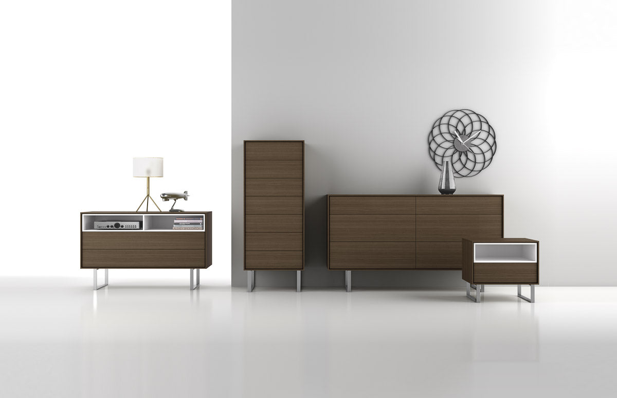 Praline on Walnut with Brushed Nickel Legs | Mobican Ophelia High Double Dresser | Valley Ridge Furniture