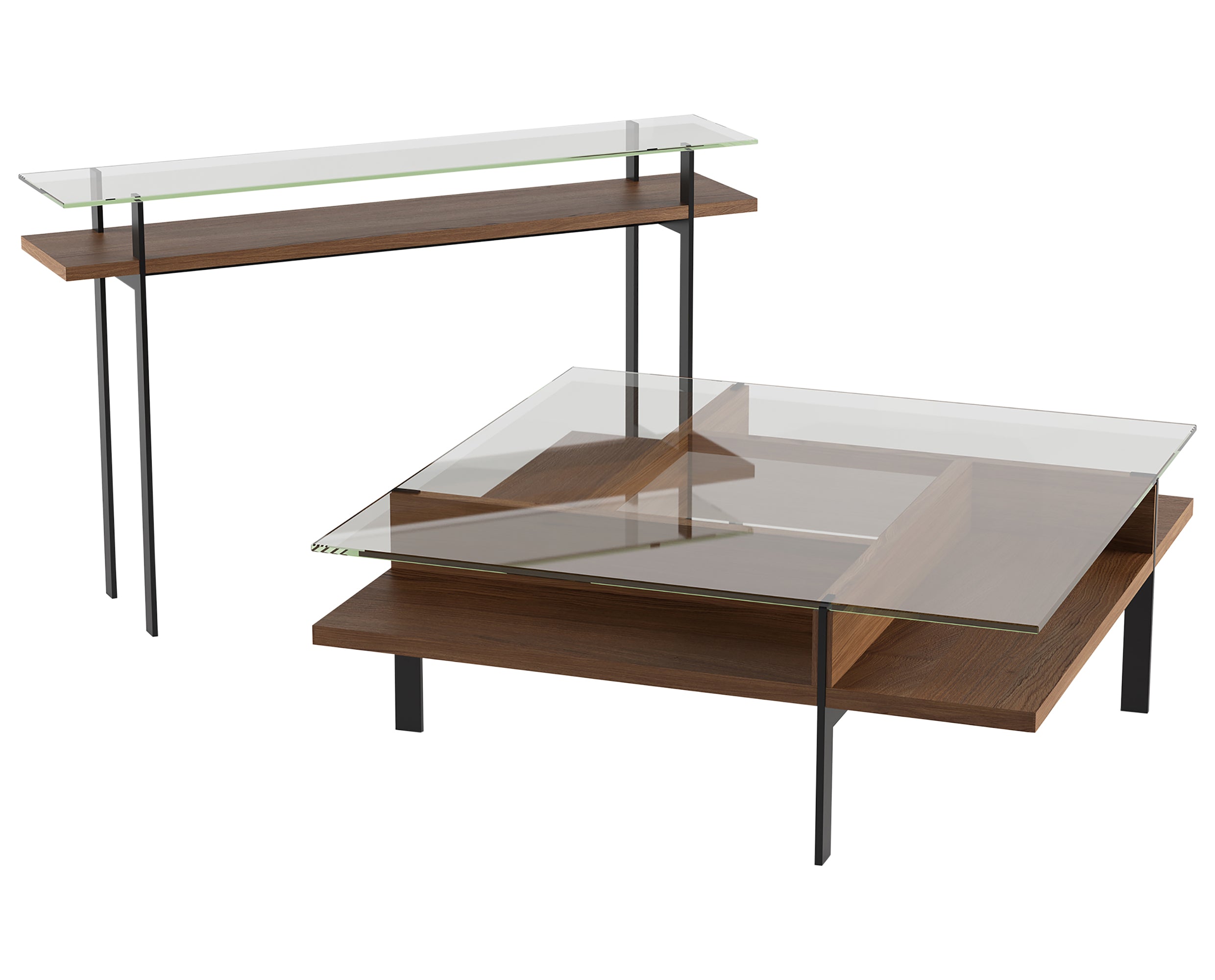 Natural Walnut Veneer & Polished Tempered Glass with Black Steel | BDI Terrace Slim Console Table | Valley Ridge Furniture