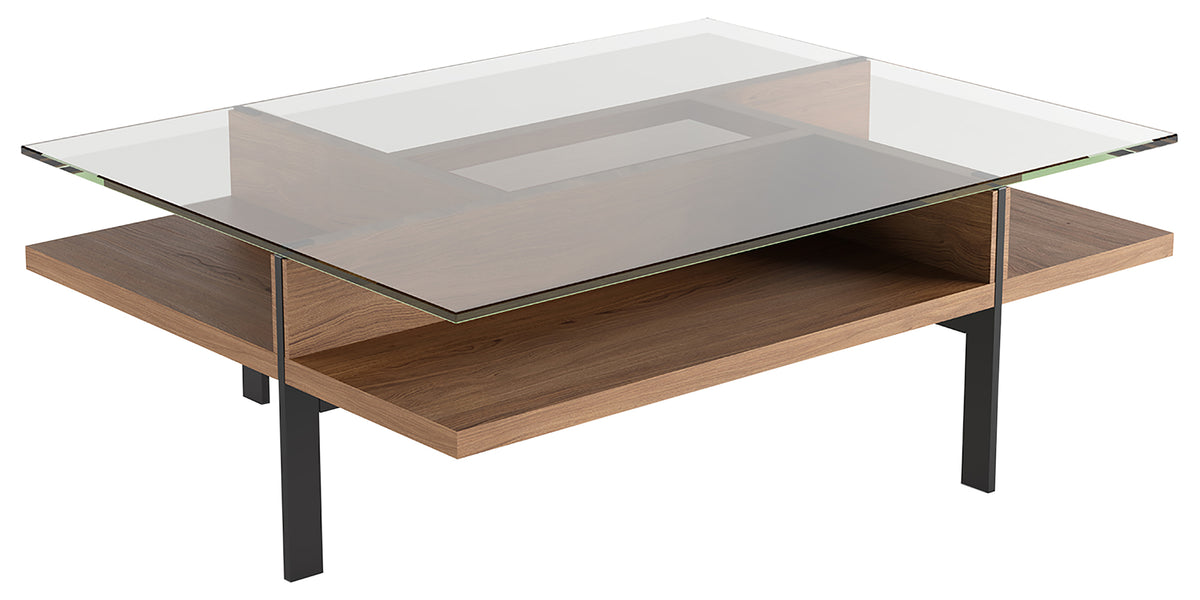 Natural Walnut Veneer & Polished Tempered Glass with Black Aluminum | BDI Terrace Rectangular Coffee Table | Valley Ridge Furniture