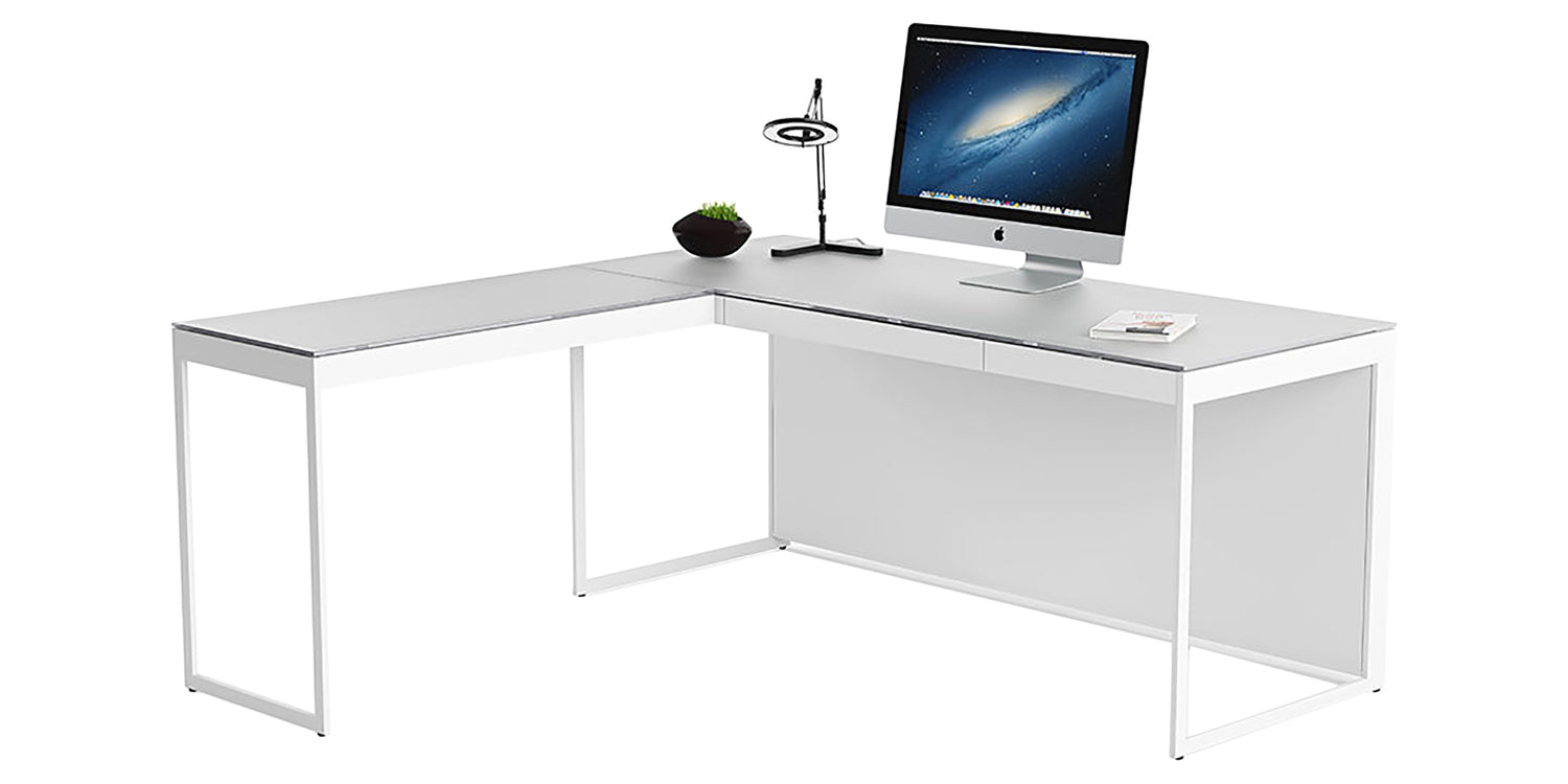 Satin White Oak Veneer & Grey Satin-Etched Glass with Satin White Steel | BDI Centro Desk Return | Valley Ridge Furntiture
