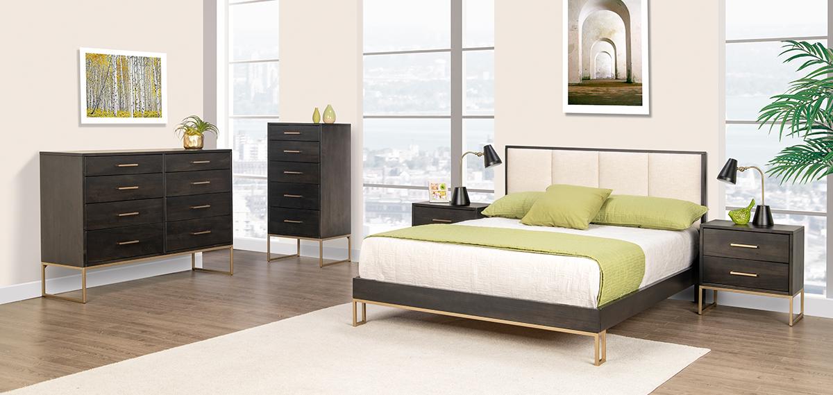 Brushwork Maple Peppercorn with Sunrise Metal Gold | Handstone Electra Queen Platform Bed w/Fabric Headboard | Valley Ridge Furniture