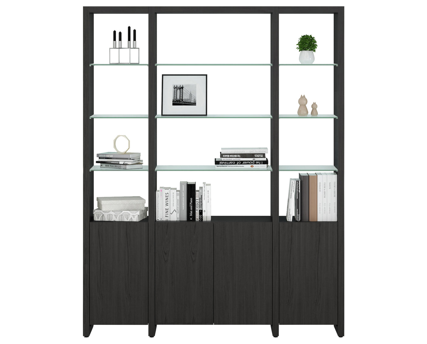 Charcoal Ash Veneer & Polished Tempered Glass | BDI Linea 66" Shelf | Valley Ridge Furniture