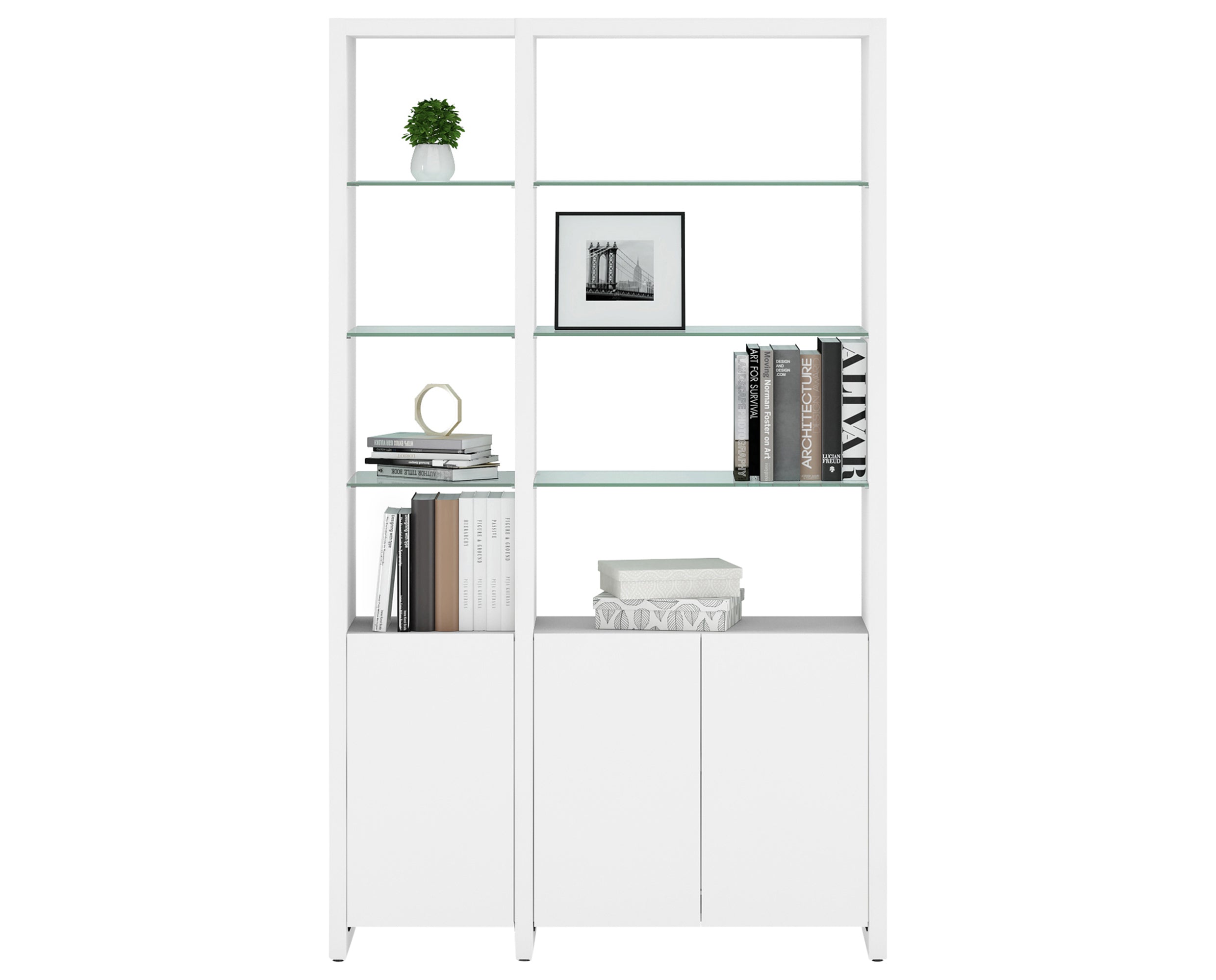 Satin White Veneer &amp; Polished Tempered Glass | BDI Linea 50&quot; Shelf | Valley Ridge Furniture