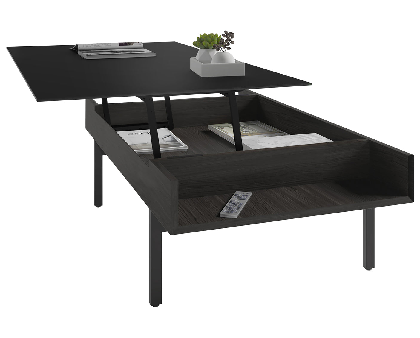 Charcoal Ash Veneer & Black Satin-Etched Glass with Black Steel | BDI Reveal Lift Coffee Table | Valley Ridge Furniture