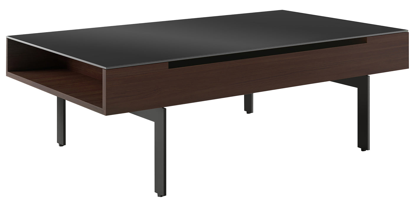 Chocolate Walnut Veneer & Black Satin-Etched Glass with Black Steel | BDI Reveal Lift Coffee Table | Valley Ridge Furniture