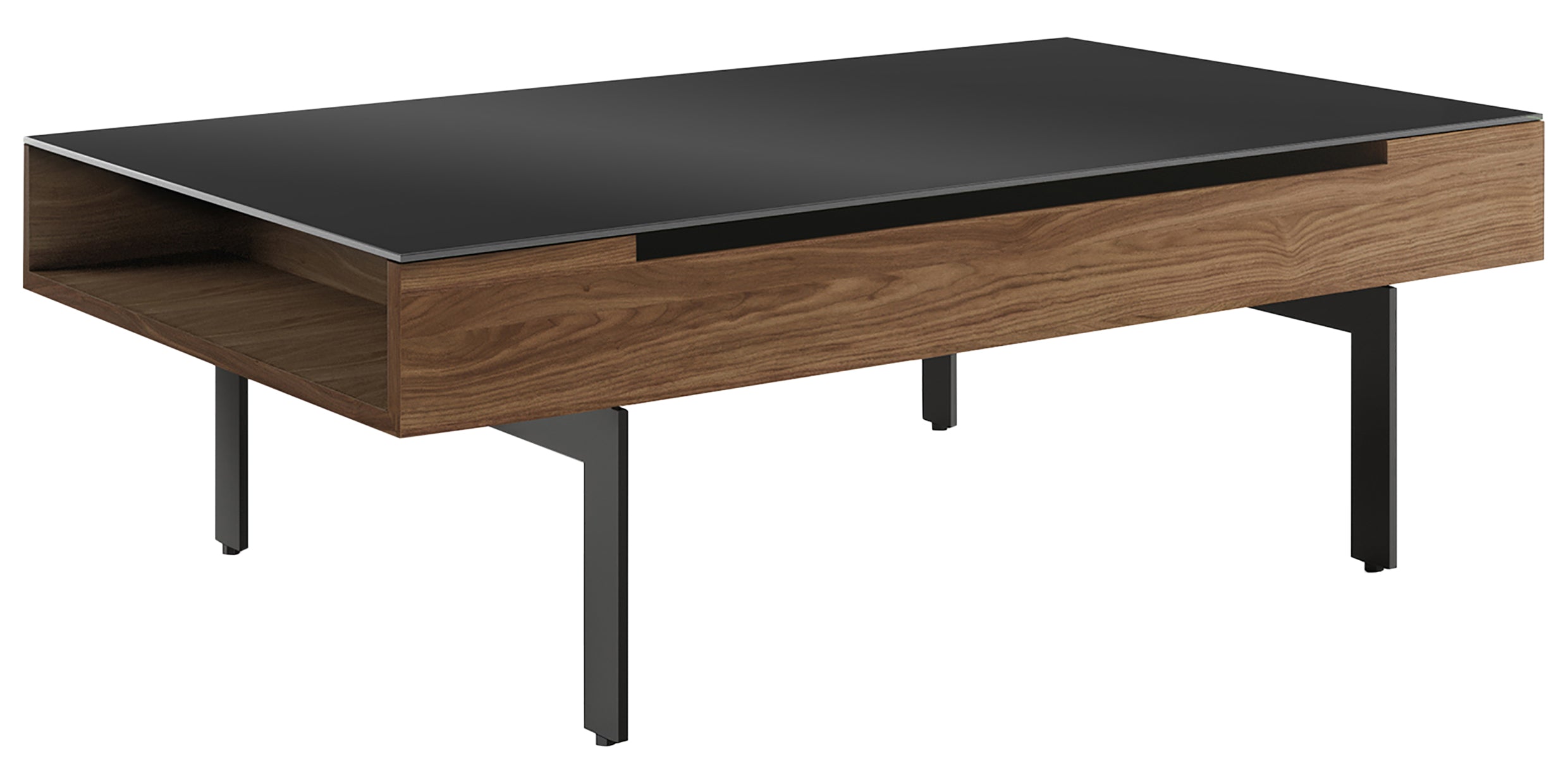 Natural Walnut Veneer & Black Satin-Etched Glass with Black Steel | BDI Reveal Lift Coffee Table | Valley Ridge Furniture