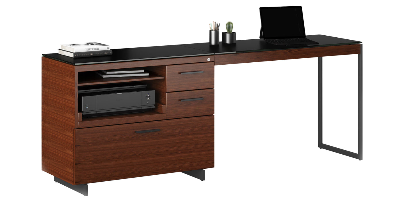 Chocolate Walnut Veneer and Black Satin-Etched Glass with Black Steel | BDI Sequel Desk Return | Valley Ridge Furniture