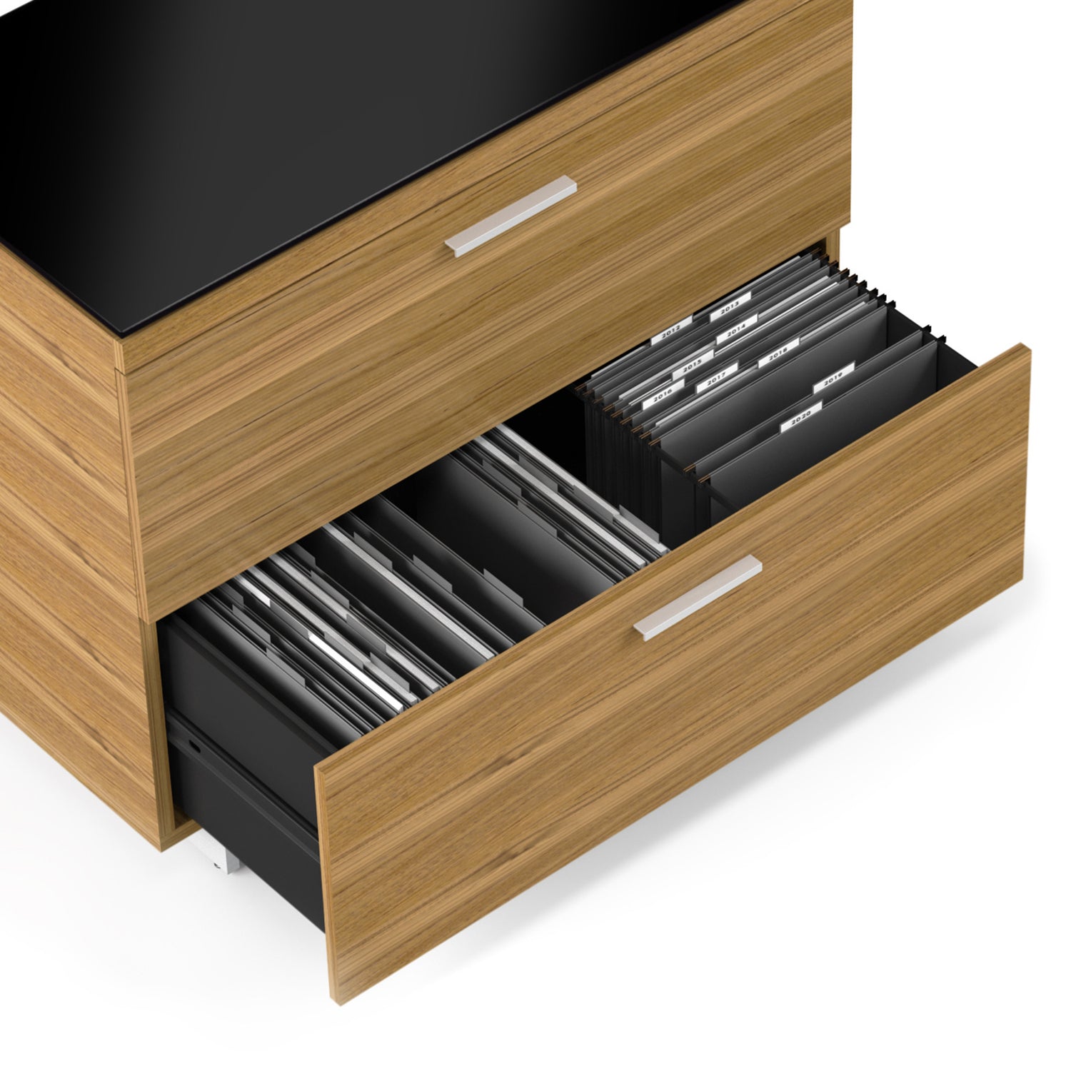 Natural Walnut Veneer and Black Satin-Etched Glass with Satin Nickel Steel | BDI Sequel Lateral File Cabinet | Valley Ridge Furniture