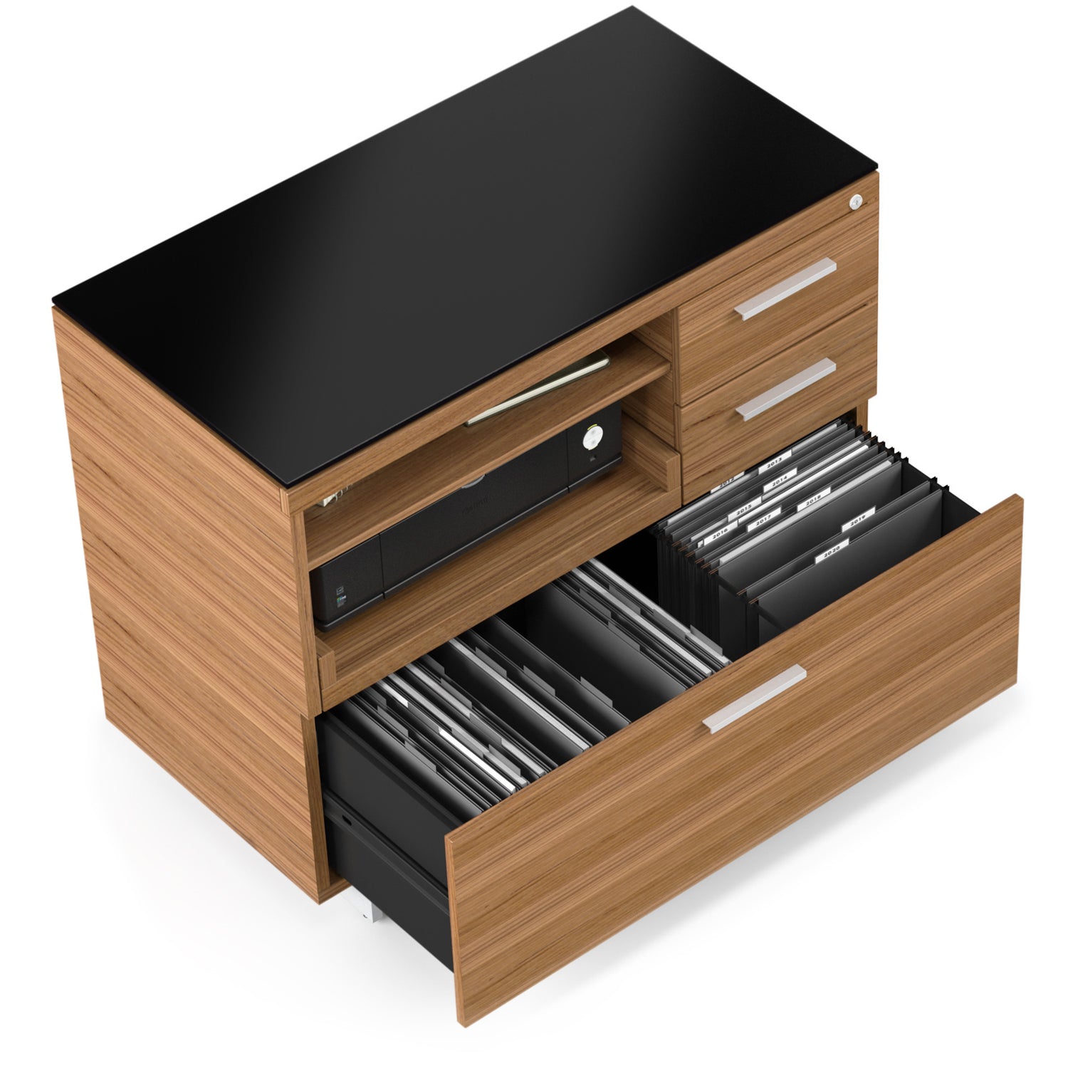 Natural Walnut Veneer and Black Satin-Etched Glass with Satin Nickel Steel | BDI Sequel Multi Function Cabinet | Valley Ridge Furniture