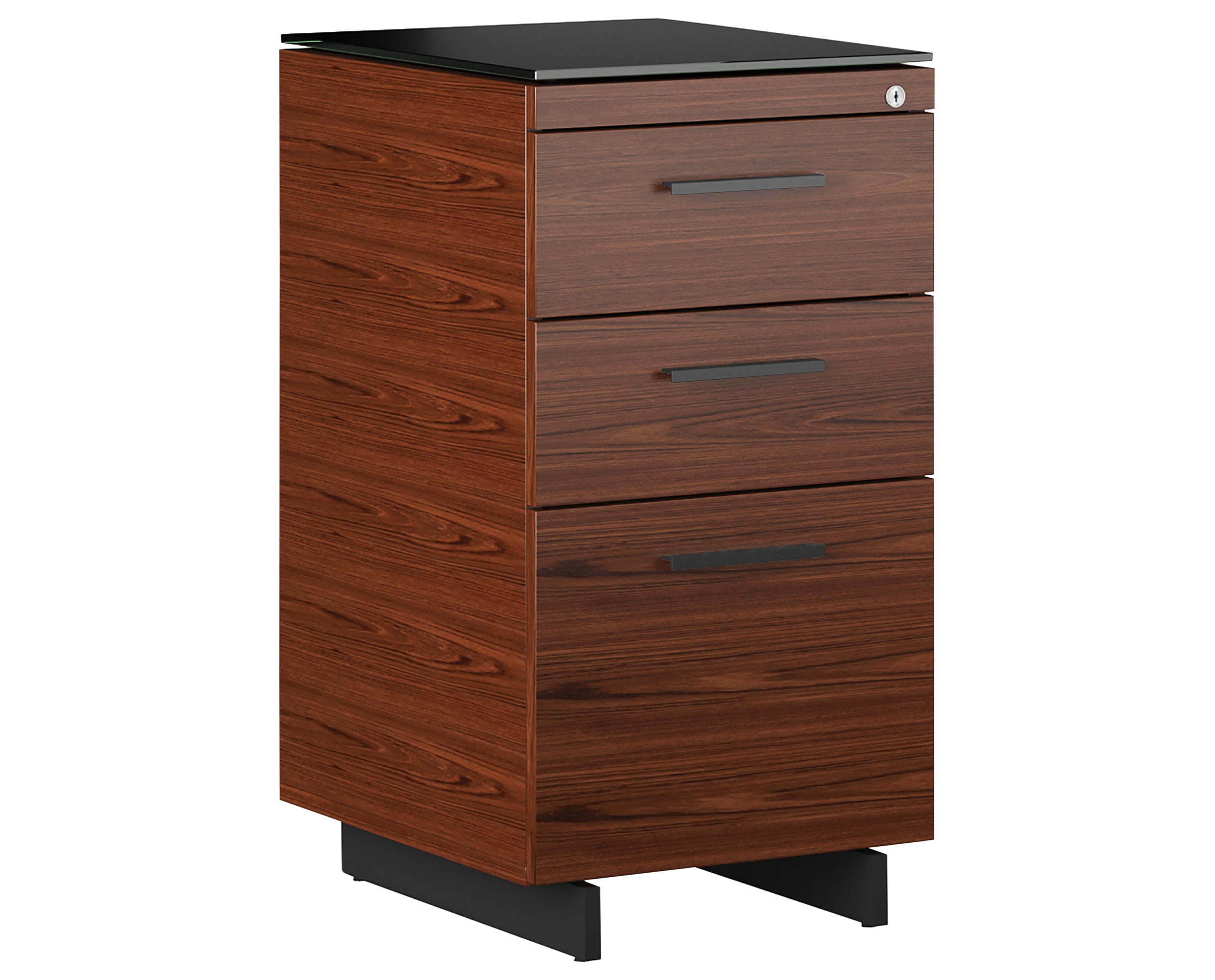 Chocolate Walnut Veneer and Black Satin-Etched Glass with Black Steel | BDI Sequel 3 Drawer File Cabinet | Valley Ridge Furniture