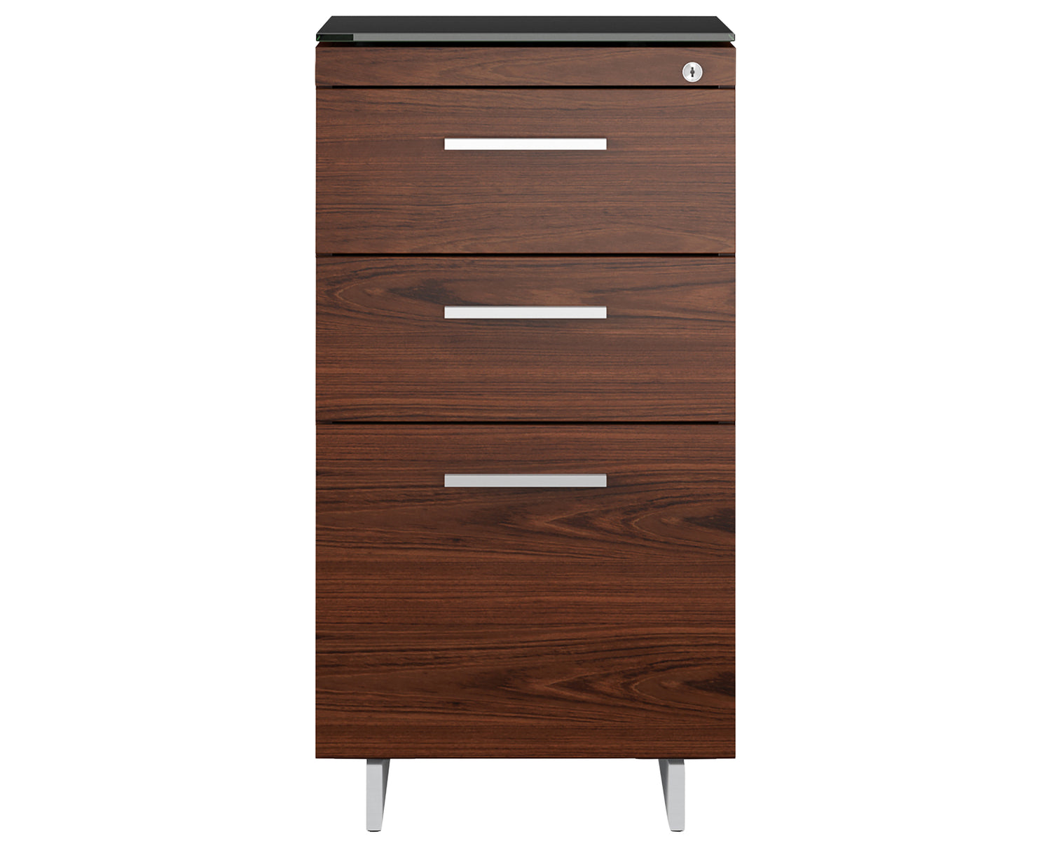 Chocolate Walnut Veneer and Black Satin-Etched Glass with Satin Nickel Steel | BDI Sequel 3 Drawer File Cabinet | Valley Ridge Furniture