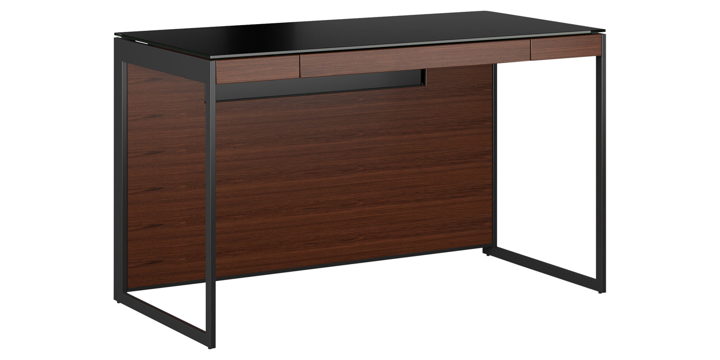 Chocolate Walnut Veneer and Black Satin-Etched Glass with Black Steel | BDI Sequel Compact Desk | Valley Ridge Furniture