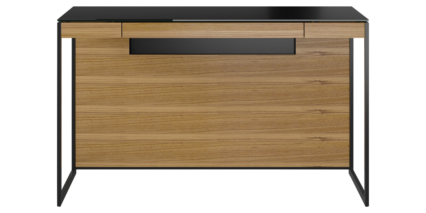 Natural Walnut Veneer and Black Satin-Etched Glass with Black Steel | BDI Sequel Compact Desk | Valley Ridge Furniture