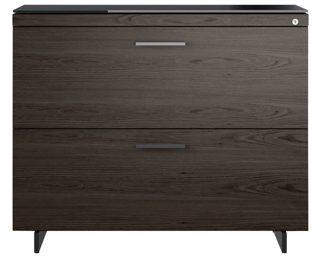 Charcoal Ash Veneer and Black Satin-Etched Glass with Black Steel | BDI Sequel Lateral File Cabinet | Valley Ridge Furniture