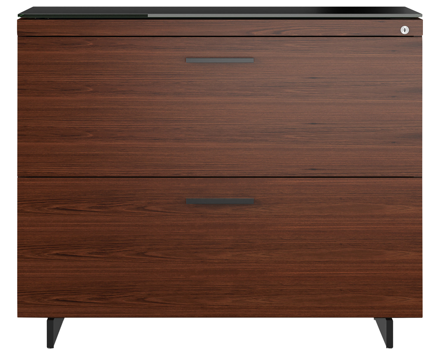 Chocolate Walnut Veneer and Black Satin-Etched Glass with Black Steel | BDI Sequel Lateral File Cabinet | Valley Ridge Furniture