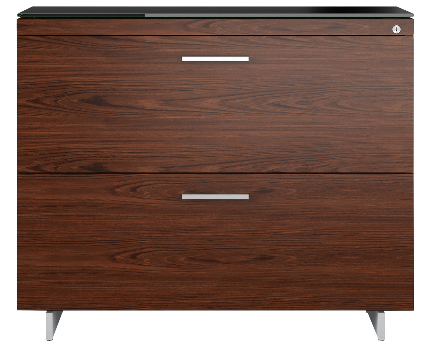 Chocolate Walnut Veneer and Black Satin-Etched Glass with Satin Nickel Steel | BDI Sequel Lateral File Cabinet | Valley Ridge Furniture