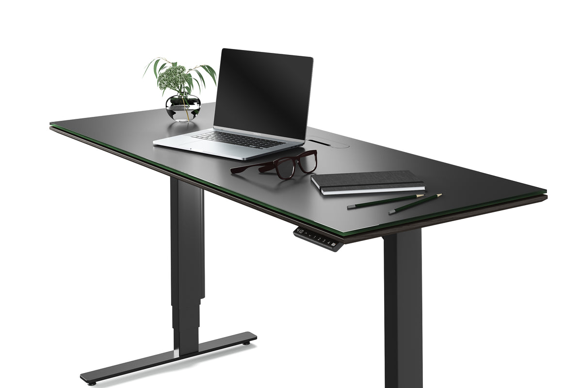 Charcoal Stained Ash & Charcoal Ash Veneer with Black Satin-Etched Glass & Black Steel | BDI Sequel Lift Desk | Valley Ridge Furniture