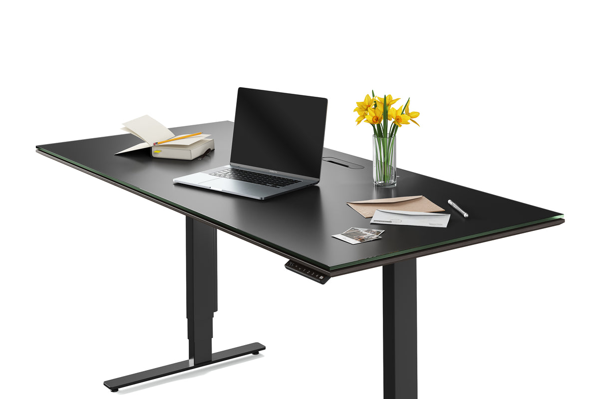 Charcoal Stained Ash & Charcoal Ash Veneer with Black Satin-Etched Glass & Black Steel | BDI Sequel Large Lift Desk | Valley Ridge Furniture