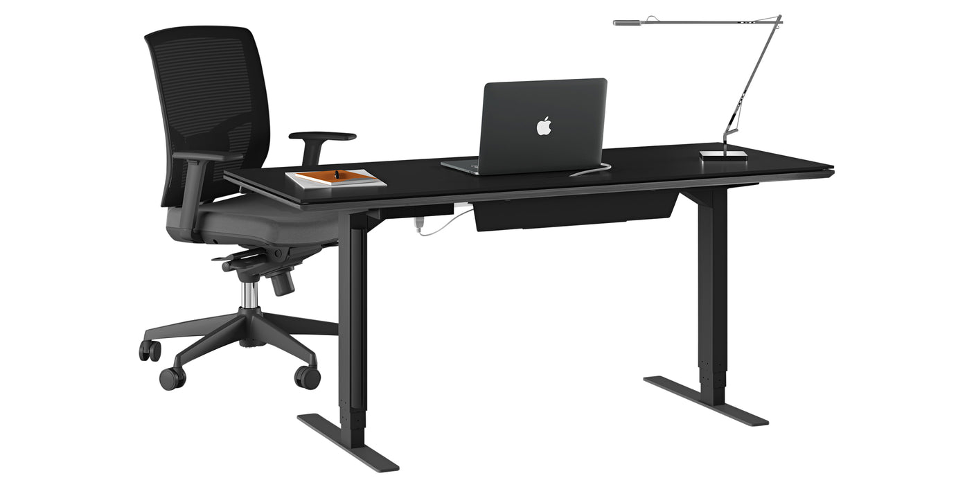 Charcoal Stained Ash & Charcoal Ash Veneer with Black Satin-Etched Glass & Black Steel | BDI Sequel Lift Desk | Valley Ridge Furniture