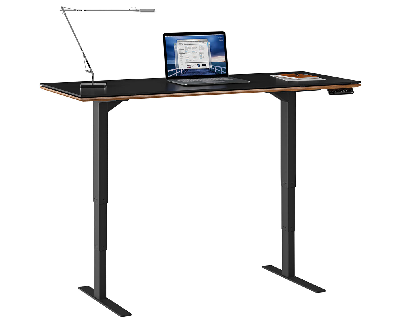 Natural Walnut & Natural Walnut Veneer with Black Satin-Etched Glass & Black Steel | BDI Sequel Lift Desk | Valley Ridge Furniture