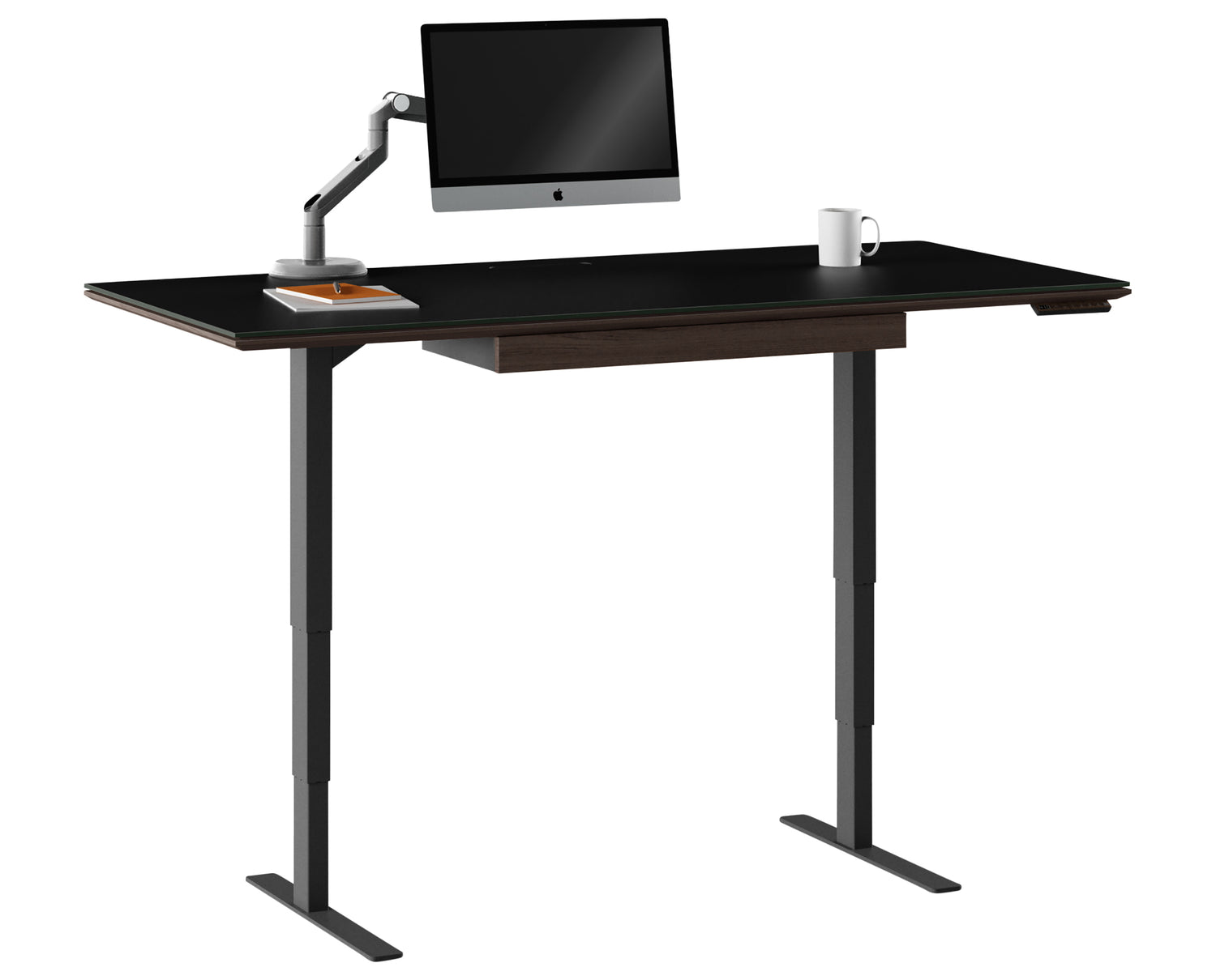 Charcoal Stained Ash & Charcoal Ash Veneer with Black Satin-Etched Glass & Black Steel | BDI Sequel Large Lift Desk | Valley Ridge Furniture