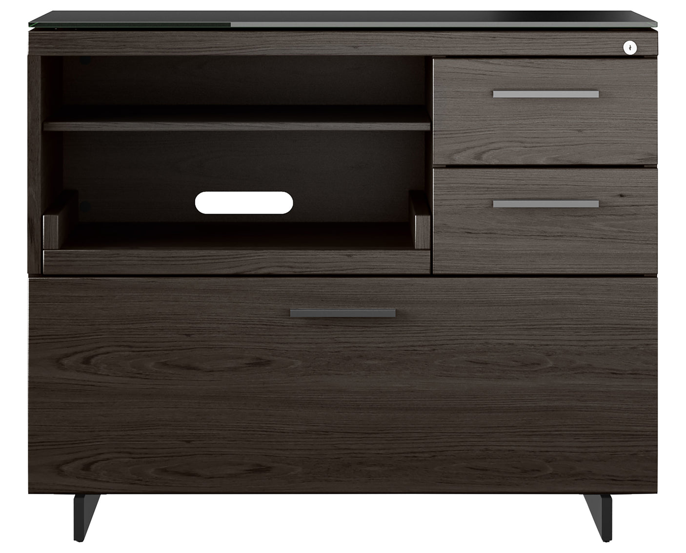 Charcoal Ash Veneer and Black Satin-Etched Glass with Black Steel | BDI Sequel Multi Function Cabinet | Valley Ridge Furniture