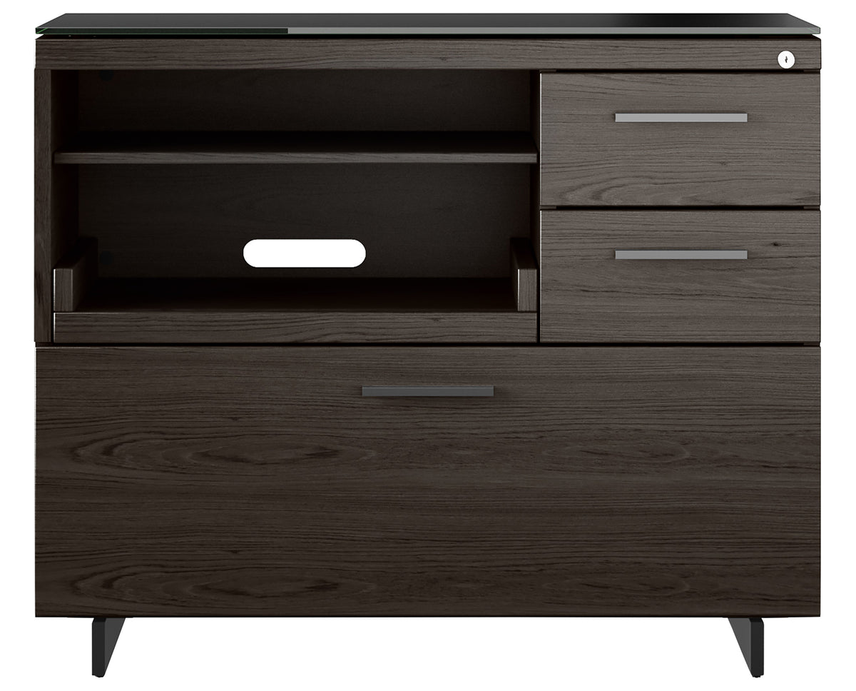Charcoal Ash Veneer and Black Satin-Etched Glass with Black Steel | BDI Sequel Multi Function Cabinet | Valley Ridge Furniture