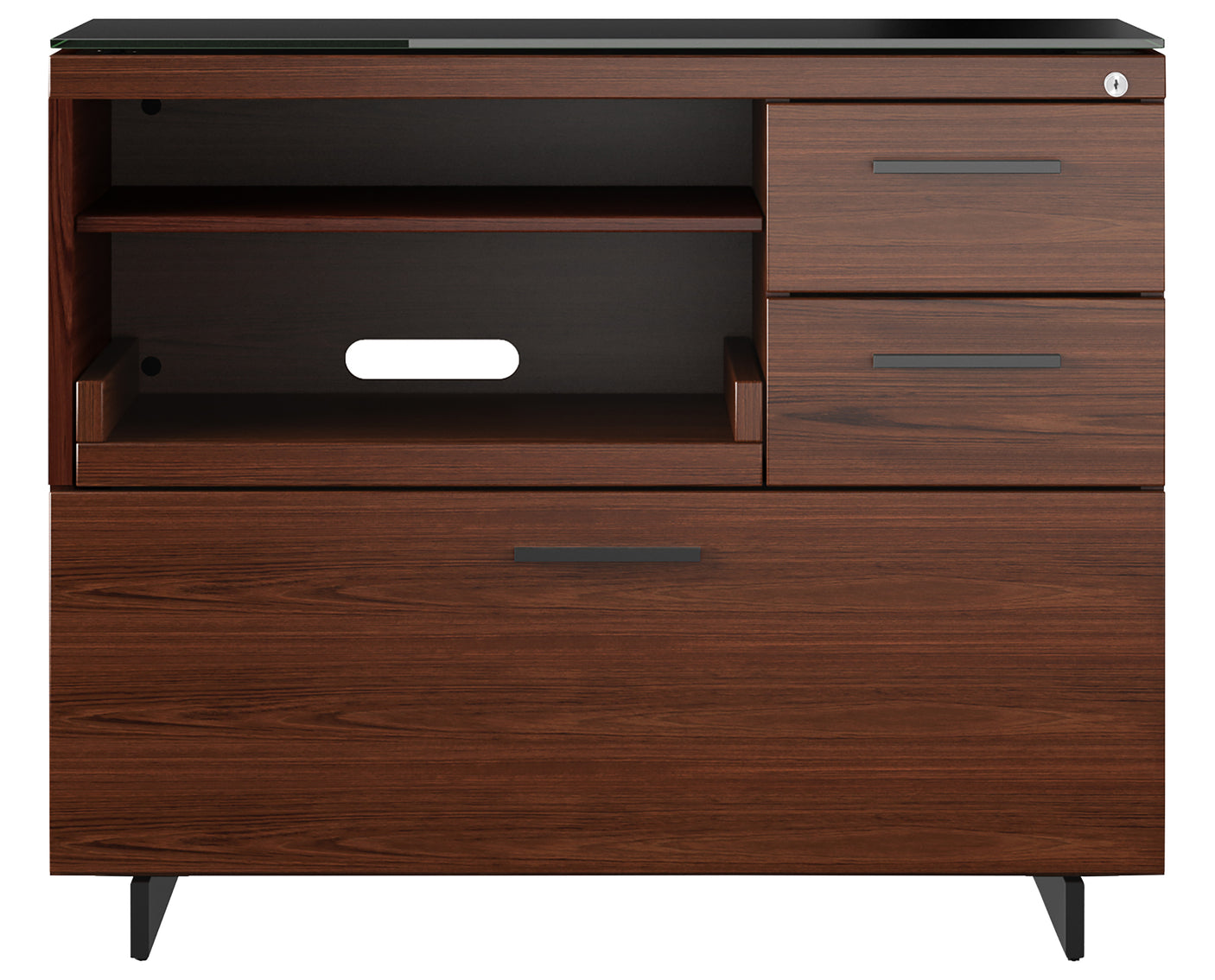 Chocolate Walnut Veneer and Black Satin-Etched Glass with Black Steel | BDI Sequel Multi Function Cabinet | Valley Ridge Furniture