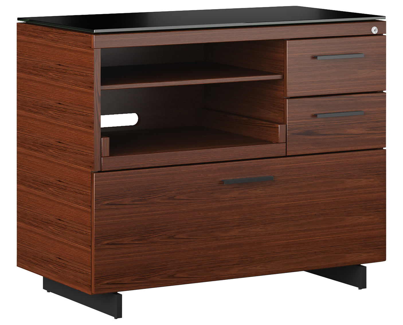 Chocolate Walnut Veneer and Black Satin-Etched Glass with Black Steel | BDI Sequel Multi Function Cabinet | Valley Ridge Furniture