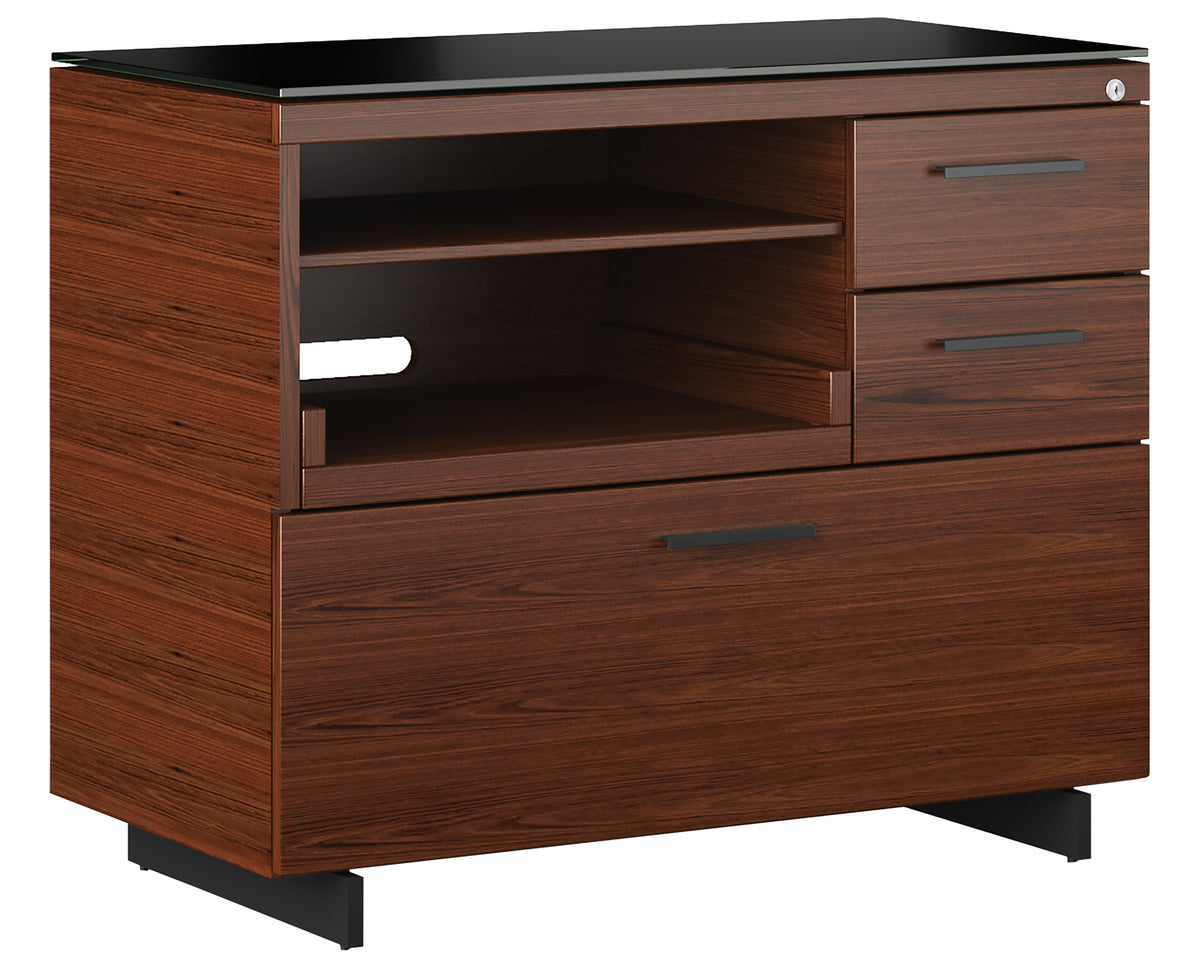 Chocolate Walnut Veneer and Black Satin-Etched Glass with Black Steel | BDI Sequel Multi Function Cabinet | Valley Ridge Furniture