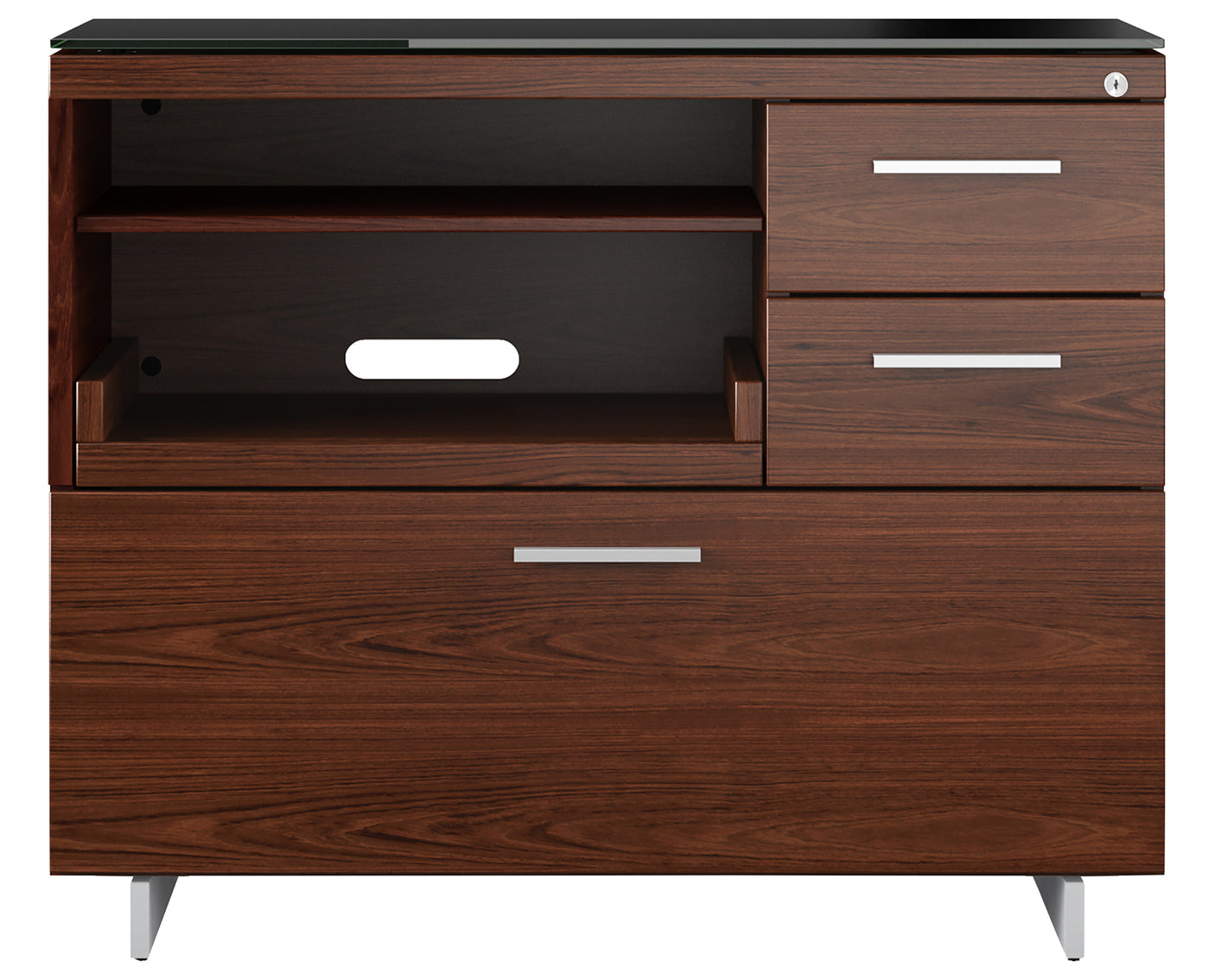 Chocolate Walnut Veneer and Black Satin-Etched Glass with Satin Nickel Steel | BDI Sequel Multi Function Cabinet | Valley Ridge Furniture