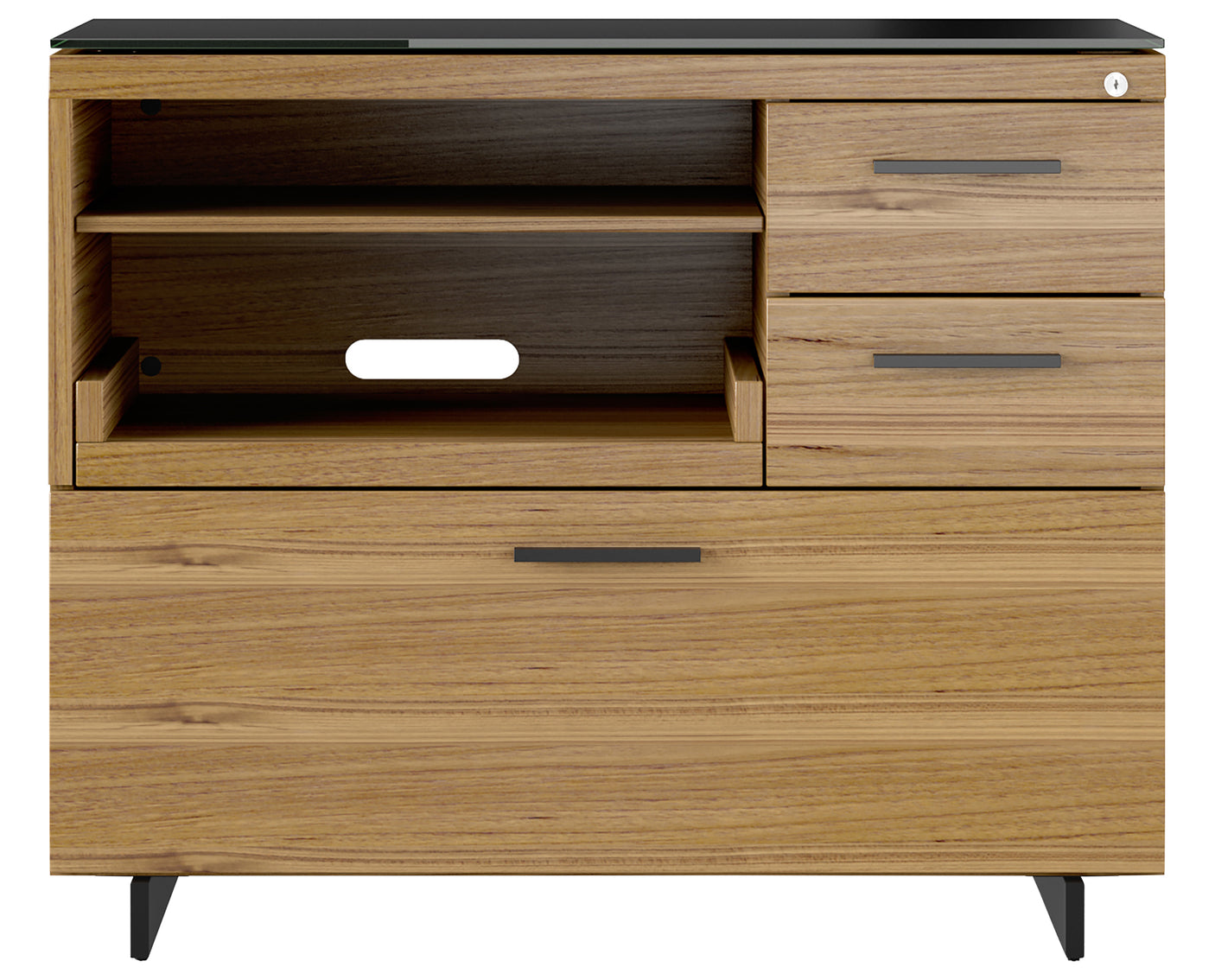 Natural Walnut Veneer and Black Satin-Etched Glass with Black Steel | BDI Sequel Multi Function Cabinet | Valley Ridge Furniture