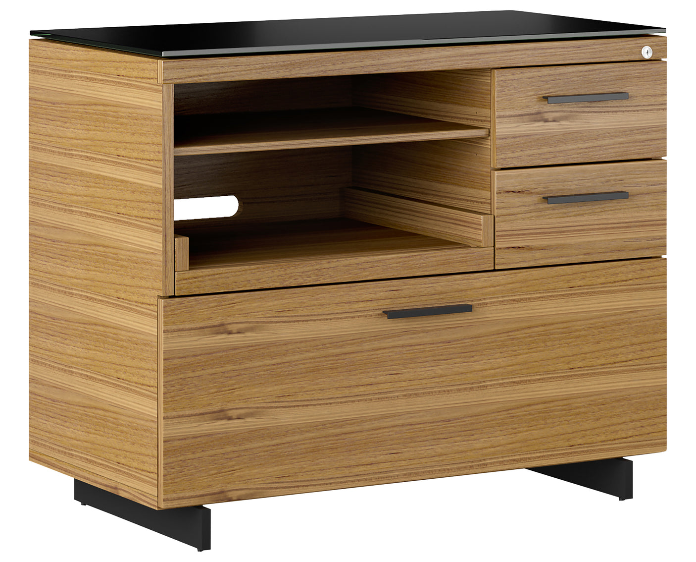 Natural Walnut Veneer and Black Satin-Etched Glass with Black Steel | BDI Sequel Multi Function Cabinet | Valley Ridge Furniture