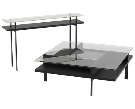 Charcoal Ash Veneer & Polished Tempered Glass with Black Steel | BDI Terrace Slim Console Table | Valley Ridge Furniture