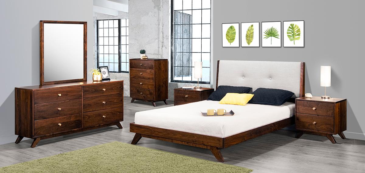 Brushwork Maple Mocha | Handstone Tribeca Queen Platform Bed w/Fabric Headboard | Valley Ridge Furniture