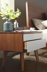West Bros Serra Night Table in 80 Walnut, drawer detail, Mist lacquer fronts