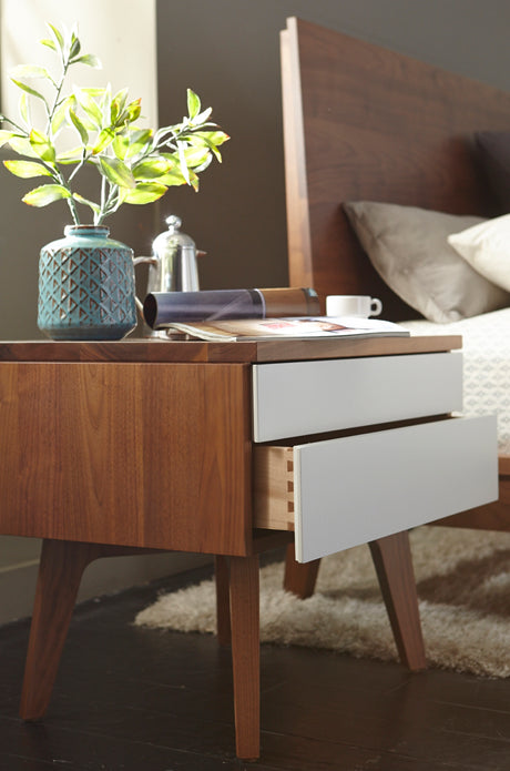 West Bros Serra Night Table in 80 Walnut, drawer detail, Mist lacquer fronts