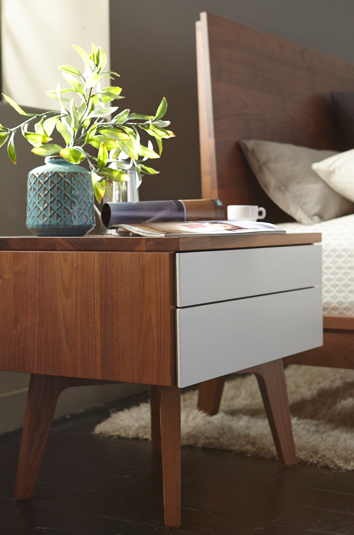 West Bros Serra Night Table in 80 Walnut, beside the bed, Mist lacquer fronts