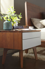 West Bros Serra Night Table in 80 Walnut, beside the bed, Mist lacquer fronts