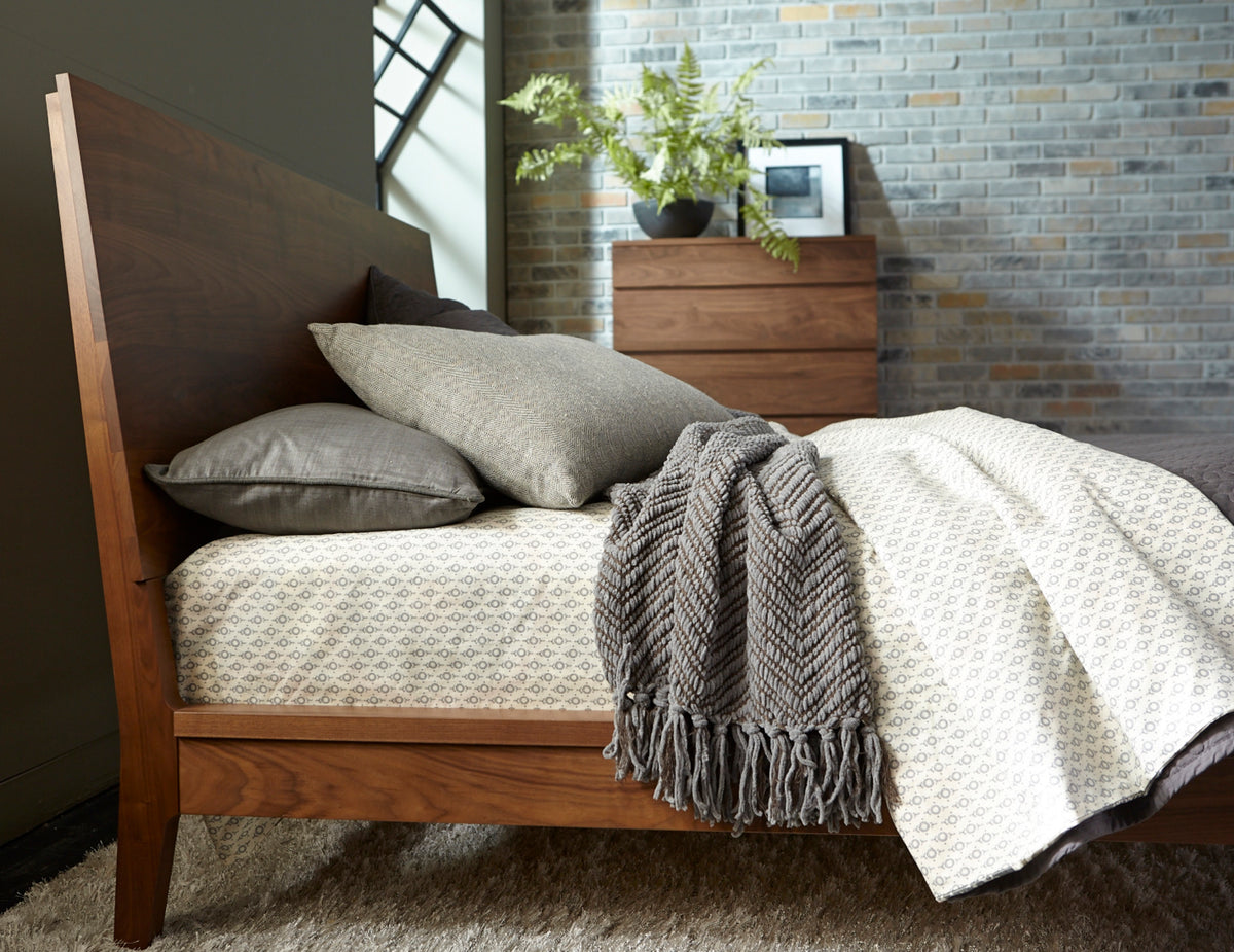 West Bros Serra Platform Bed in 80 Walnut, wood headboard detail