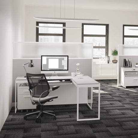 BDi Centro 6401 Desk in Satin White on Oak with Grey Glass, with a return, in an open office